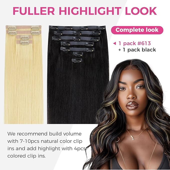 Lashey Clip in Hair Extensions Real Human Hair 4pcs 58g 24 Inch Straight Seamless Clip in Hair Extensions Human Hair Highlights #613 Blonde