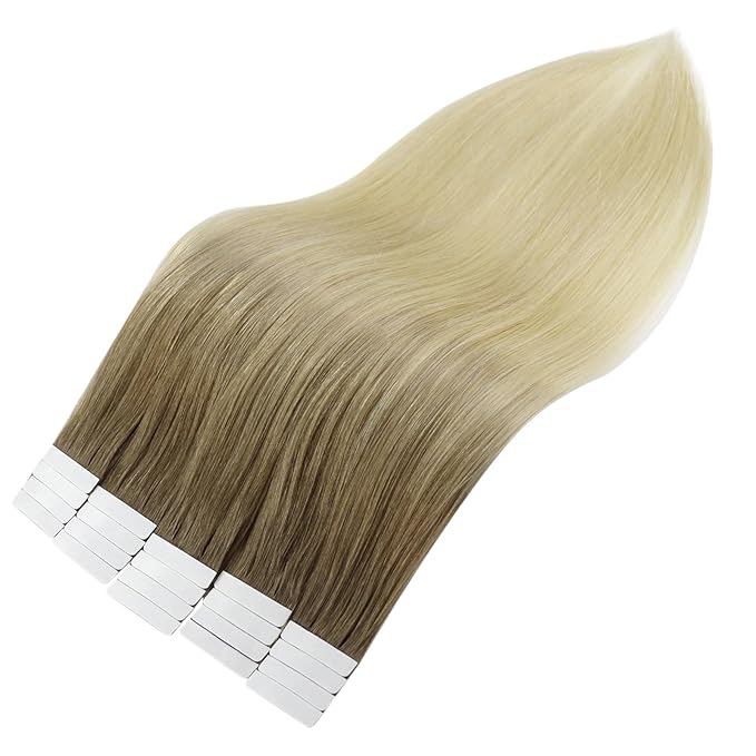 Full Shine Blonde Tape in Hair Extensions Human Hair 12 Inch Tape in Extensions Straight 3 Dark Brown Ombre 8 and 613 Bleach Blonde Double Sided Tape in Human Hair Extensions 30G 20Pcs for Wedding
