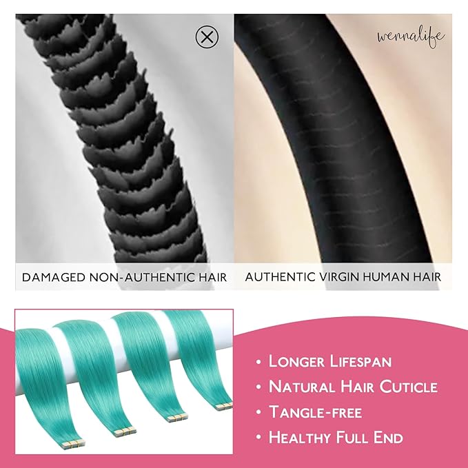 WENNALIFE Tape in Hair Extensions Human Hair Teal Green Tape in Extensions, 10pcs 25g 14 inch Remy Invisible Tape Ins Straight Colored Soft Real Human Hair Tape in Extensions Refill Set Extensions