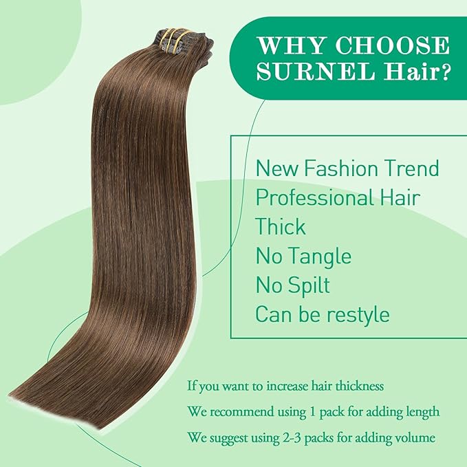 Clip in Human Hair Extensions, Chocolate Brown 160g 7pcs 22 Inch, SURNEL Clip in Hair Extensions Real Human Hair Straight Thick Hair(#4-22'')