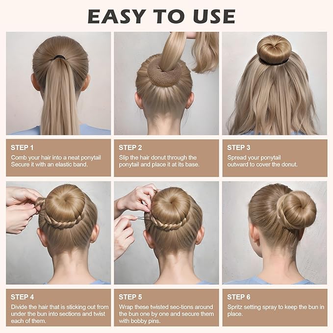 Teenitor Donut Hair Bun Maker Set, 7 Pieces Hair Bun Makers (1 extra-large, 2 large, 2 medium and 2 small), 5 pieces Hair Elastic Bands, 20 pieces Hair Pins, Tan Color