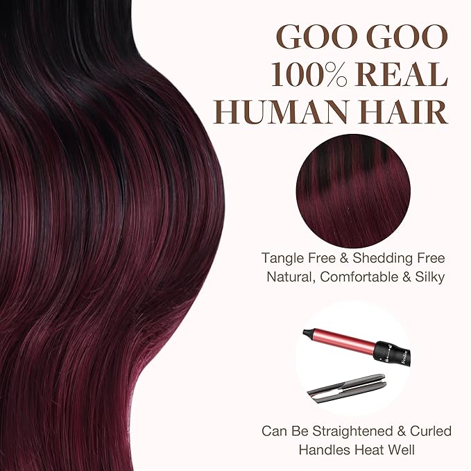 GOO GOO Tape in Hair Extensions Human Hair, 1/99 Balayage Jet Black to Red, 18inch 100g 40pcs, Skin Weft Seamless Invisible, Silky Straight with Thick Ends, Remy Human Hair