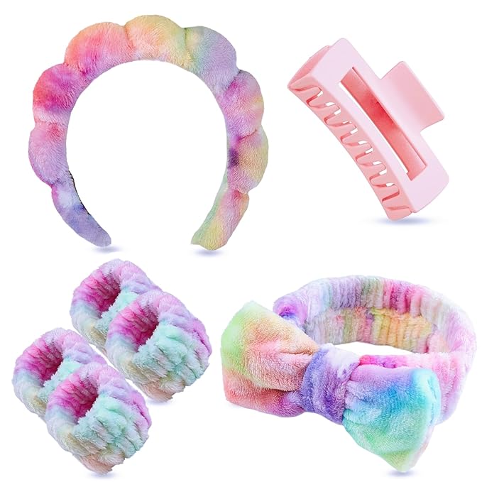 7 Pcs Spa Set, Facial Headband and Wristband Set, Skincare Accessories, College Style Girl Idea Gifts, Hair Accessories for Women and Girls（Tie Dye Colourful ）