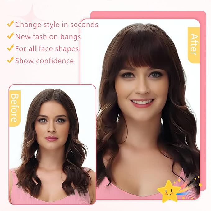 Clip in Bangs 100% Real Human Hair, French Bangs Hair Clip, Fake Bang Fringe with Temples Hairpieces for Women Daily Wear (Dark Brown, French Bangs)