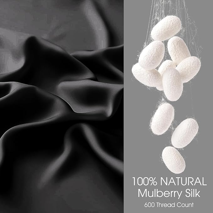 100% Silk Pillow Cases 2 Pack Standard Size Mulberry Silk Pillowcase for Hair and Skin Set of 2 Highest Grade 6A Silk Soft Breathable Cooling with Hidden Zipper, Black