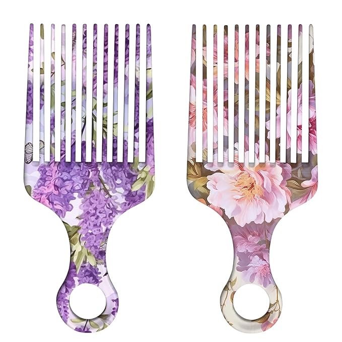 2 Pcs Afro Pick Comb for Natural Curly Hair,Portable Styling Hair Pick for Travel,Anti-Static,Cute Afro Comb for Women Men and Girls(Purple-T6)
