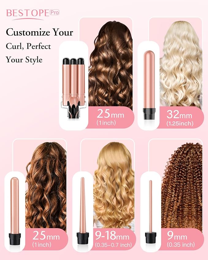 Waver Curling Iron Wand, BESTOPE PRO 5 in 1 Curling Wand Set with 3 Barrel Hair Crimper for Women, Fast Heating Hair Wand Curler in All Hair Type