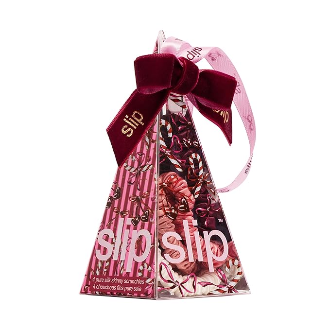 slip Skinny Scrunchies in Candy Cane Ornament Packaging: Anti-Crease, Anti-Breakage Slipsilk™ Design Protects Delicate Hair | Includes 4 Pure Silk Scrunchies
