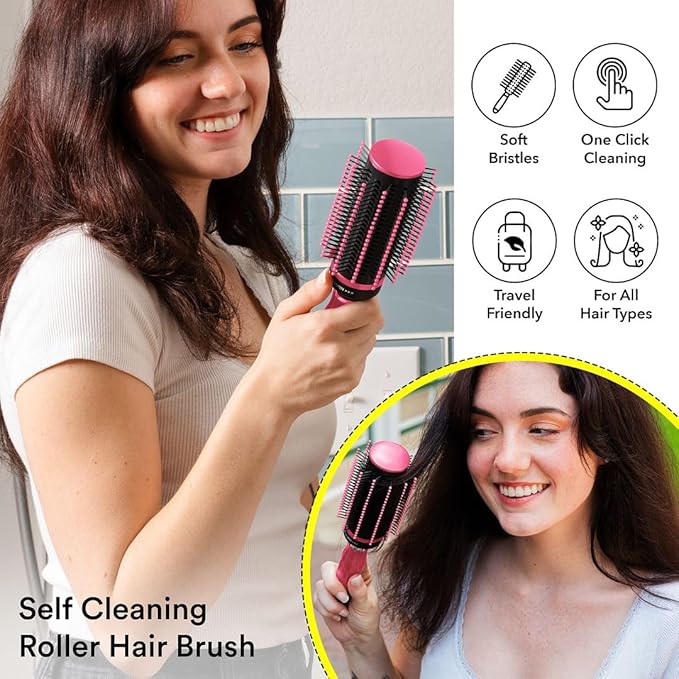 Hair Brushes for Women - Self Cleaning Blow Dryer Brush Detangler Round Brush Roller Retractable Travel Hairbrush Pink Birthday Gifts