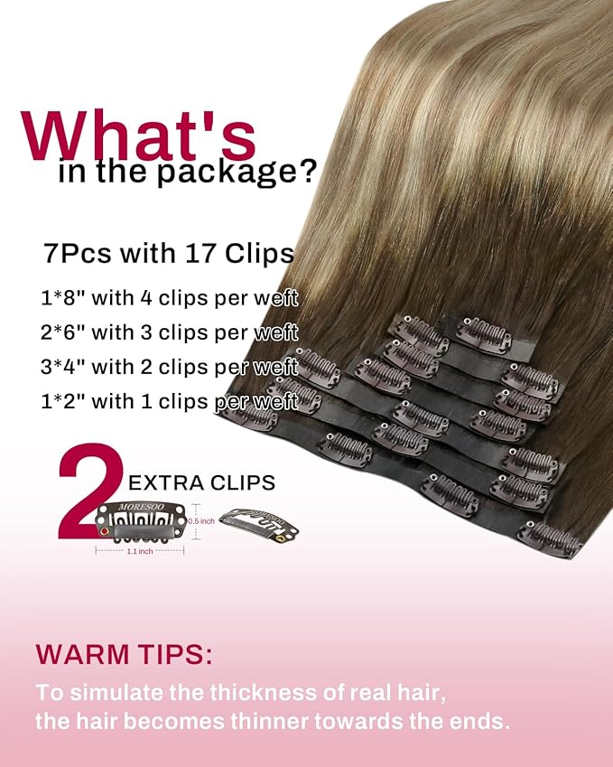 Moresoo Seamless Clip in Hair Extensions Human Hair Balayage Remy Straight PU Weft Human Hair Clip in Extensions Full Head Ombre Brown to Light Brown with Golden Blonde 7pcs/120g 20inch