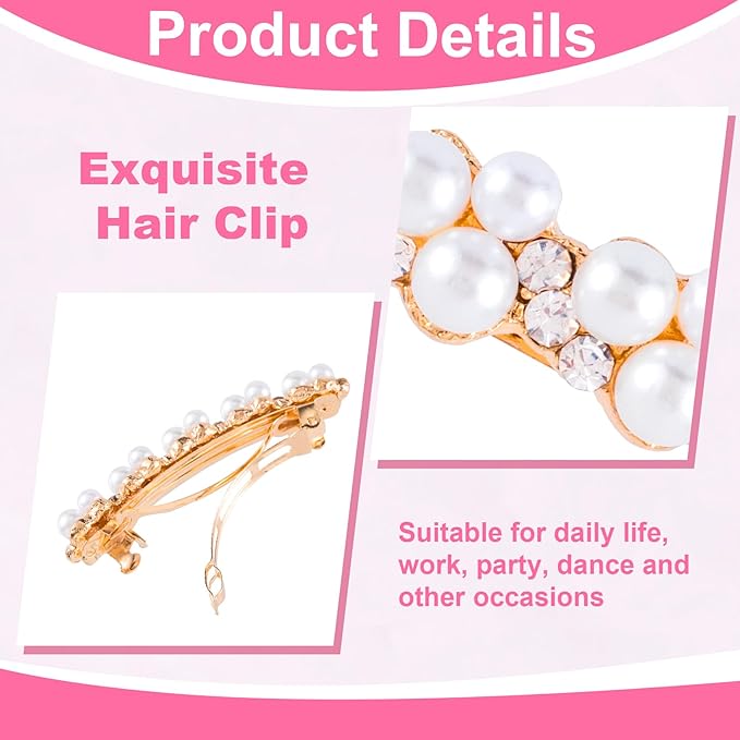 2 Pcs Pearl Rhinestone Hair Clips, Pearl-Embellished Barrette, Elegant Pearls Barrettes for Women, Party, Wedding, Daily Use, Graduation (Gold)