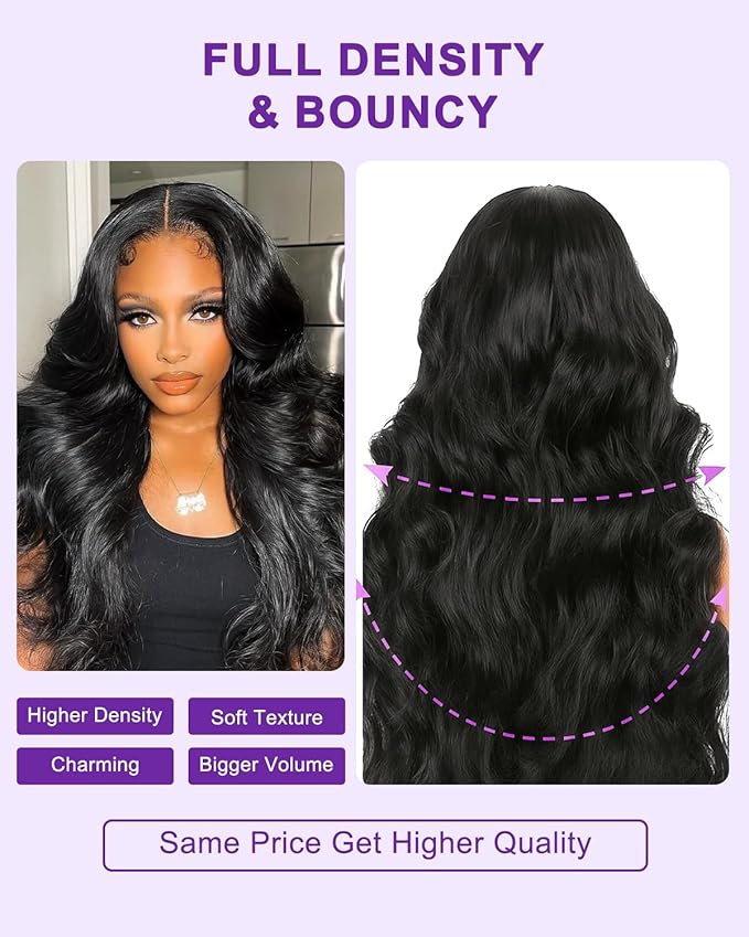 9x6 SKINLIKE Real HD Lace Closure Wig, Body Wave 180% Density 0.10mm Ultra-thin Swiss Lace Pre-plucked Bleached Small Knots With Baby Hair Natural Black Human Hair Wigs 22Inch