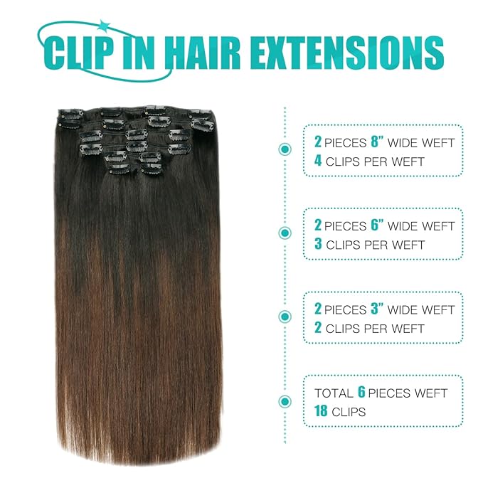 SURNEL Clip in Human Hair Extensions 20 Inch 6pcs 120g Omber Natural Black to Chocolate Brown Straight Thick Weft (#1BT4,20'')