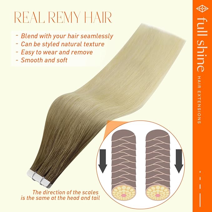 Full Shine Tape in Hair Extensions Human Hair Color 3 Dark Brown and 8 Fading to 613 Bleach Blonde Double Sided Tape in Extensions Natural Straight Tape ins 50 G 20 PCS 22Inch for Women