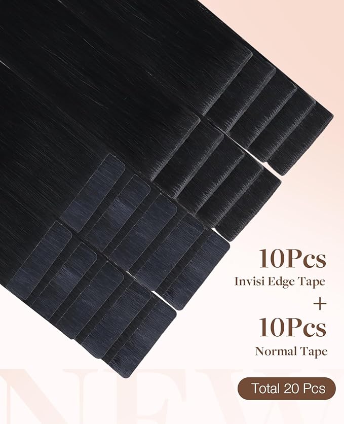 GOO GOO Invisi Edge Tape in Hair Extensions Human Hair, 1 Jet black 10pcs injected with 10pcs classical tape ins, 12inch 40g, Virgin Remy Hair, Natural Look