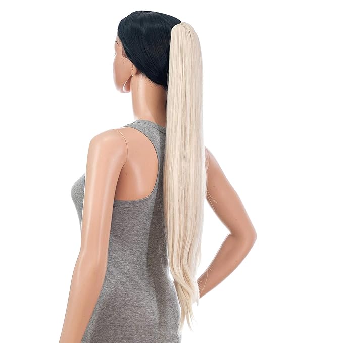 SWACC 28-Inch Long Straight Claw Clip Ponytail Extensions Synthetic Hair Extensions Ponytail Jaw Clip Hair Pieces for Women (Platinum Blonde)