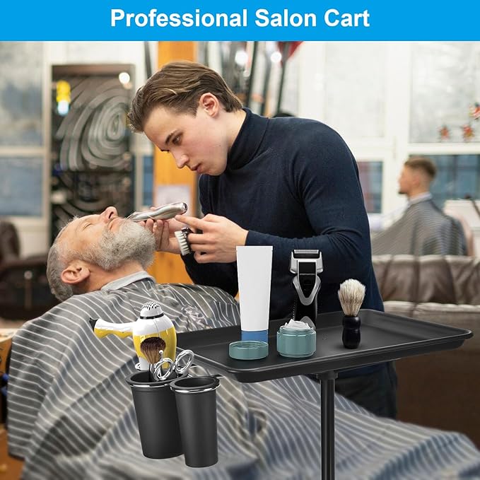 JOSTZHXIN Salon Rolling Tray, Tattoo Tray Rolling Cart, Height Adjustable Styling Tray, Service Storage Tray Trolley for Beauty Salon Clinic Spa,Black-with Cup Holder