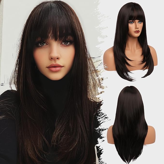 Brown Wig With Bangs Long Wavy Straight Wig with Layered Hair Synthetic Heat Resistant Wigs for Women Daily Party Use 26 Inches