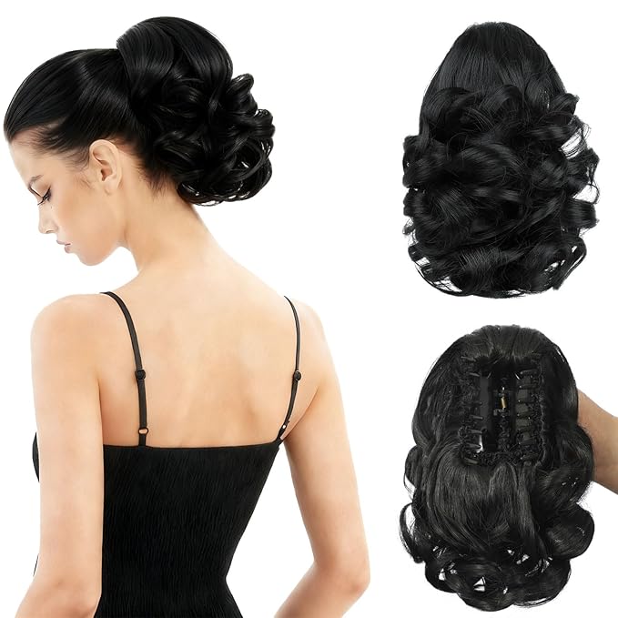 Ponytail Extension, Clip on Ponytails for Women, 9" Claw Clip in Short Curly Wavy Pony Hair Extension for Women - Black