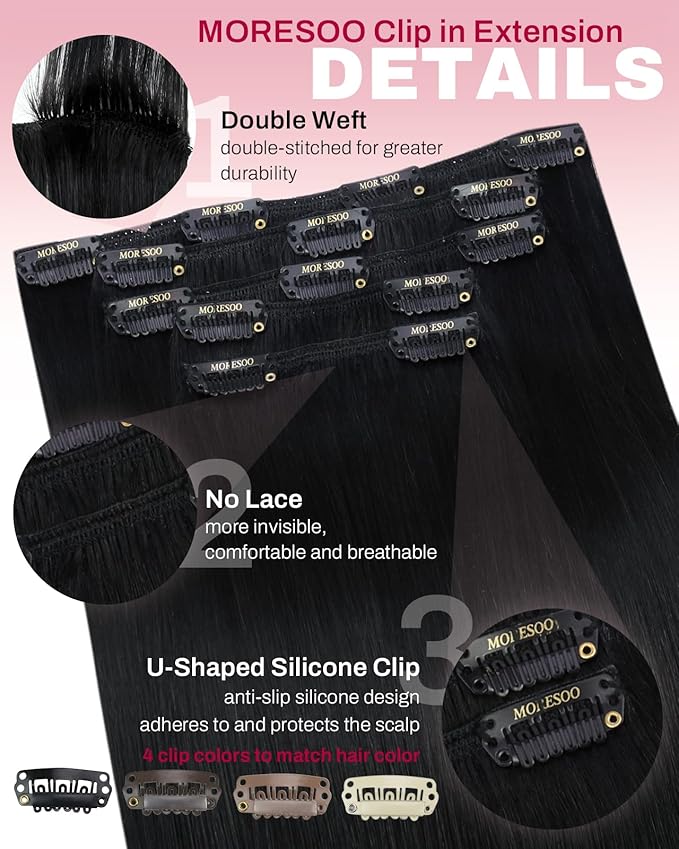 Moresoo Jet Black Clip in Hair Extensions Human Hair Jet Black Human Hair Extensions Clip ins Short Remy Human Hair for Women Double Weft 80g/5pcs 10 inch