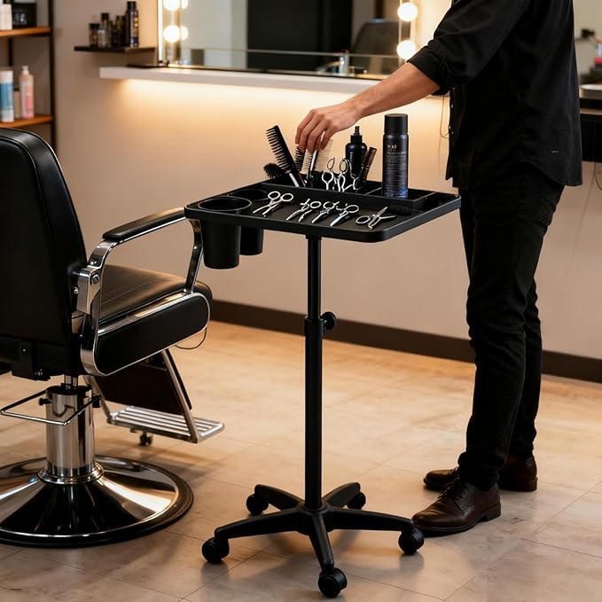Salon Rolling Tray, Height Adjustable Tattoo Tray Rolling Cart, Storage Utility Trolley for Spa, Beauty Salon Service, Hairdresser Cart with Wheels, Black (Upgrade Black-TRAY-158N)