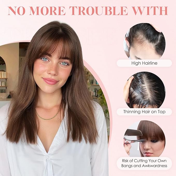 Hairro Human Hair Toppers with Wispy Bangs, 3.5x4.7" Hand-wovened Base for Women with Thinning Hair, Lightweight & Breathable Realistic Scalp, Clip-in Hairpieces for Easy Wear, 10 Inch Medium Brown