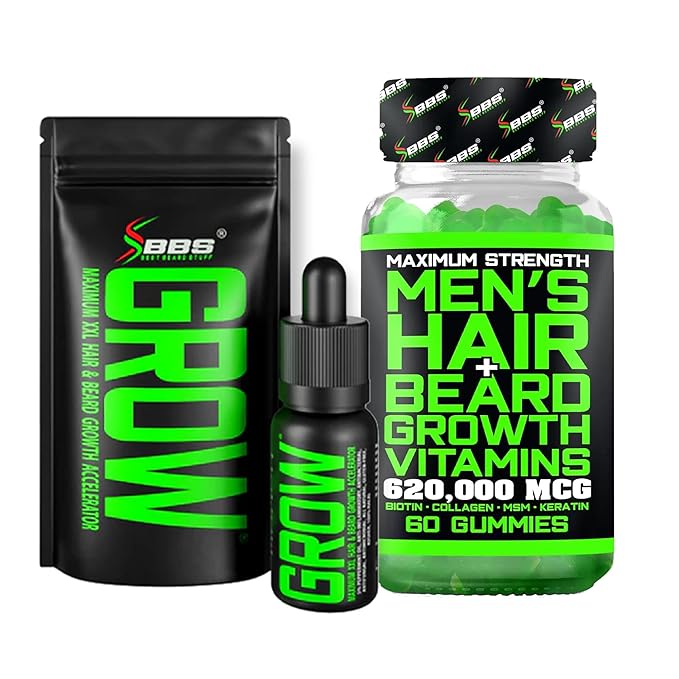 GROW Beard Oil Serum + Biotin Beard Growth Gummies – Beard Growth Kit for Men with 620,000mcg Biotin, Collagen, MSM & Keratin – Thickens Beard, Fills Patches & Supports Hair Growth