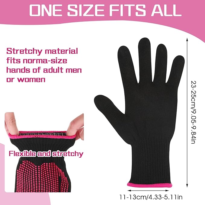 2 Pcs Heat Resistant Gloves With Silicone Bumps, Professional Thermal Styling Gloves for Women, Black, 9.36 x 4.68 inches