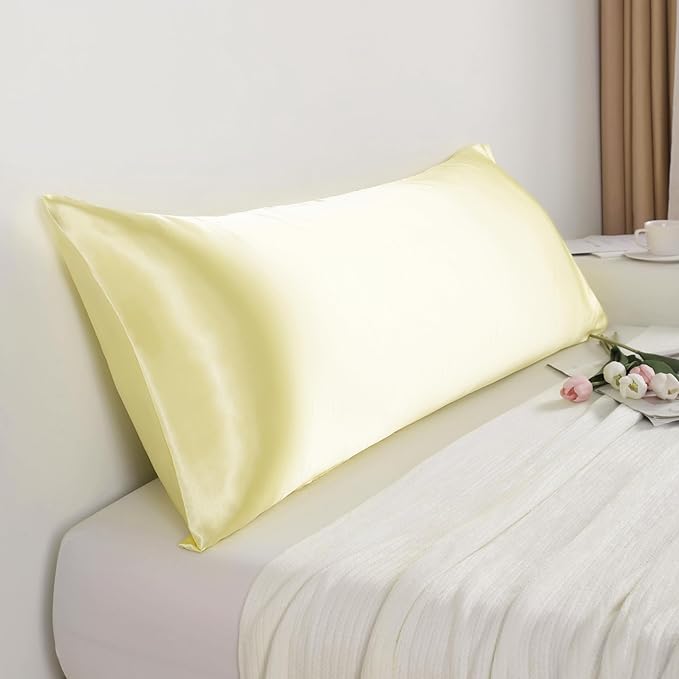 NTBAY Satin Body Pillowcase for Hair and Skin, Luxurious and Silky Pillow case with Envelope Closure, 20x54 Inches, Light Yellow