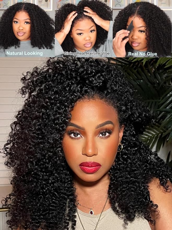 Julia Hair Bye Bye Knots 4C Kinky Curly Glueless Natural Hair Wig 7x5 Pre Cut HD Lace Front Kinky Edges Hairline Wig Pre Bleached Pre Plucked Virgin Hair with Baby Hair for Black Women 26 Inch
