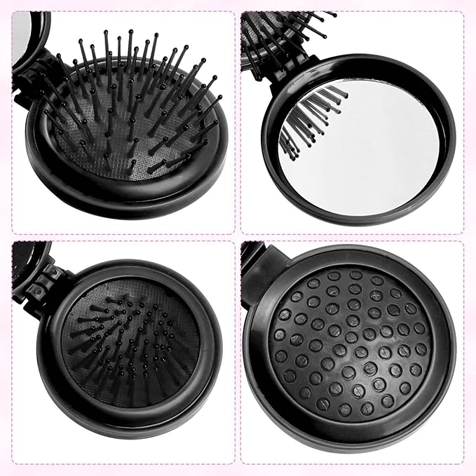 2pcs Folding Travel Mirror Hair Brushes Round Mirror Pocket Hair Brush Portable Mini Pop Up Hair Brushes for Women Girls Wet and Dry Hair (Black)