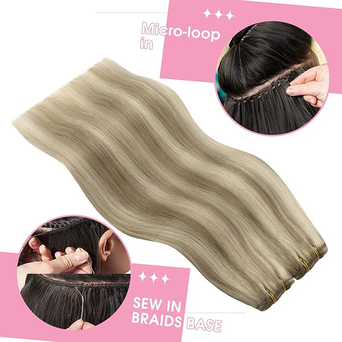 YoungSee Human Hair Sew in Extensions Highlights Double Weft Human Hair Extensions Light Brown Highlight with Blonde Weft Hair Extensions Human Hair for Woman 100G 24 inch