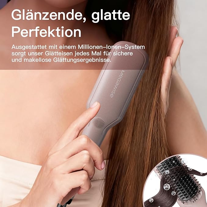 Updated 2025 MEGAWISE Hair Straightener Ceramic Brush ; Anti-Scald Dual Voltage Flat Iron Hot Brush | Rotatable Cord |Auto Shutoff | Anti-frizz |for All Hair Types (Pink)