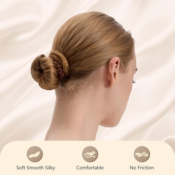 4 Pcs Silk Hair Ties, 22 Momme 100% Mulberry Hair Band, Silk Scrunchies for Women and Girls, 6A Grade No Damage Ponytail Holders (0.4in Width, Brown)