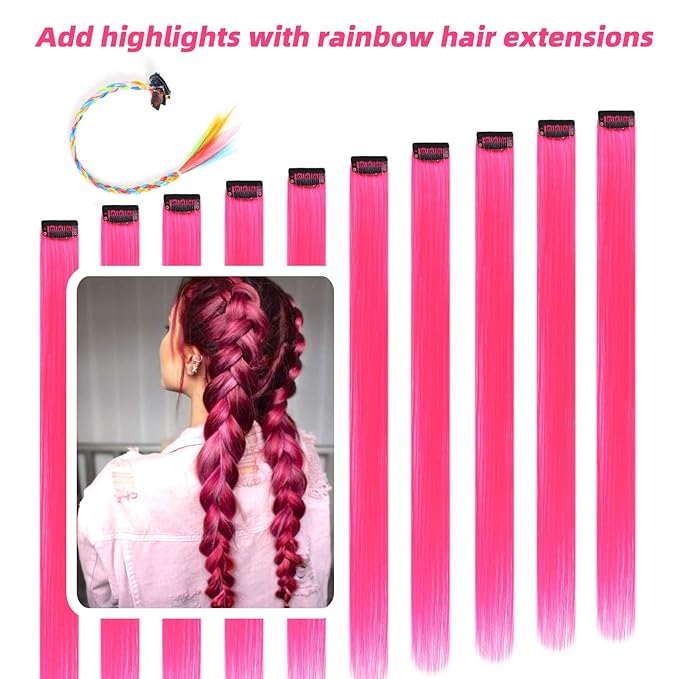 Pink Hair Extensions Clip in, 22 Inch 10 Pcs Long Straight Colored, for Kids Girls Women Highlight Party, Synthetic