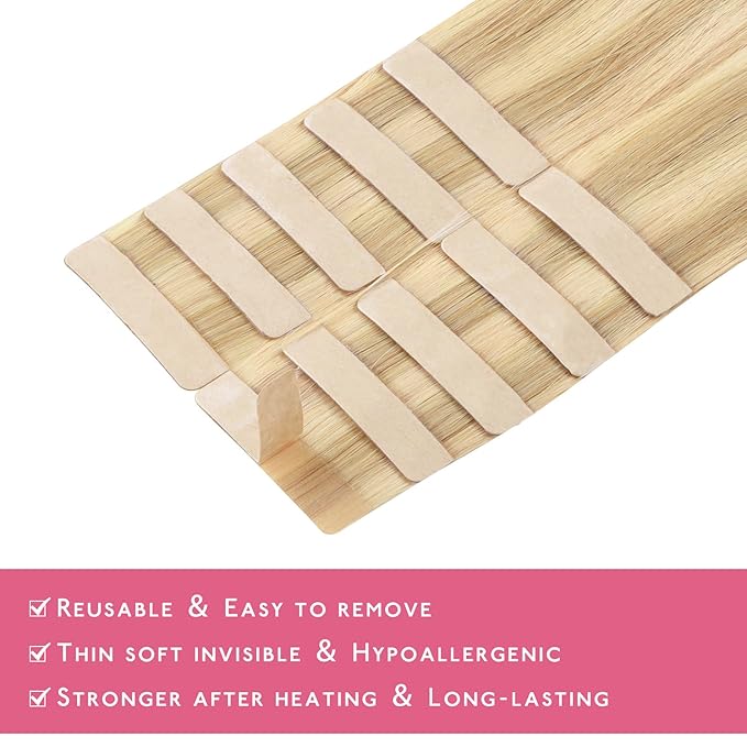 WENNALIFE Tape in Hair Extensions Human Hair Light Blonde Highlighted Golden Blonde Tape in Extensions, 10pcs 30g 22 inch Remy Invisible Tape Ins Straight Soft Real Human Hair Tape in Extensions