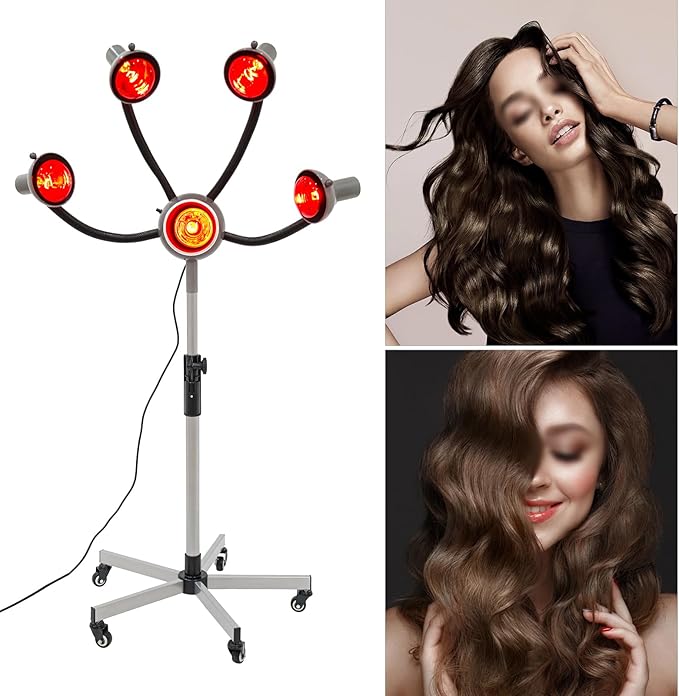 5 Head Infrared Light Heat Therapy Red Lamp, Salon Hair Steamer Perming Dyeing Adjustable Height Machine with Rolling Wheels, Infrared Dryer Hair Drying Care, Standing Infrared Heater