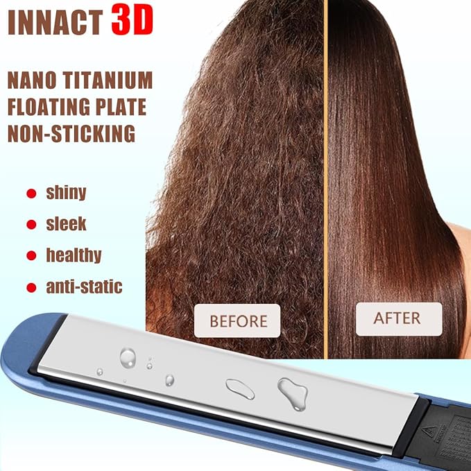 NITION Nano Titanium Hair Straightener 1 inch 3D Floating Heating Plate Smooth Straightening Flat Iron for All Hair Type. MCH 10s Fast Hating Up. Travel Pouch Bag. Dual Voltage. Luxury Gift Box