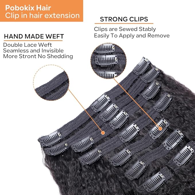 Kinky Straight Clip in Hair Extensions Real Human Hair 8Pcs Remy Human Hair Clip in Extensions for Women, Natural Human Hair 120g 24inch #1B Natural Black