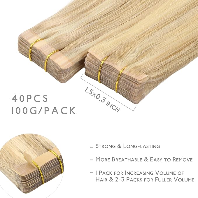 WENNALIFE Invisi Edge & Classic Tape in Hair Extensions Human Hair, 24 Inch 100g 40pcs(20pcs Invisi Edge & 20pcs Classic) Light Blonde Highlighted Golden Blonde Invisible Injected Remy Hair Seamless