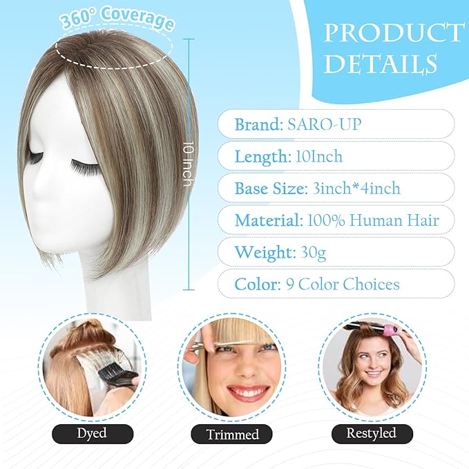 SARO-UP Hair Toppers for Women Real Human Hair Toppers for Women with Thinning Hair pieces with No Bangs 3 * 4Inch Hand-Tied Invisible Upgrade Swiss Base 10Inch Topper (4T6/613#)
