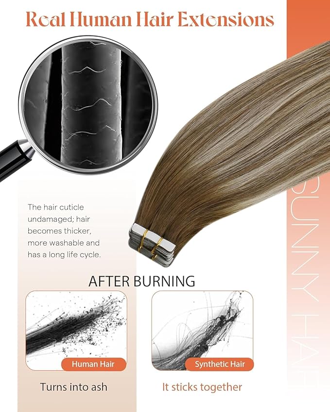 Sunny Hair Tape in Hair Extensions Medium Brown Balayage Blonde Tape in Hair Extensions Human Hair, 14 inch Remy Hair Extensions Tape in 20Pcs 50g
