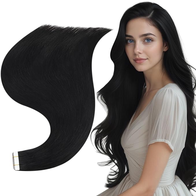 Full Shine Invisible Tape in Hair Extensions Human Hair 12 Inch Color Jet Black Invisible Tape Ins Human Hair Extensions 20Pcs 30Grams Double Sided Tape in Hair Extensions for Wedding