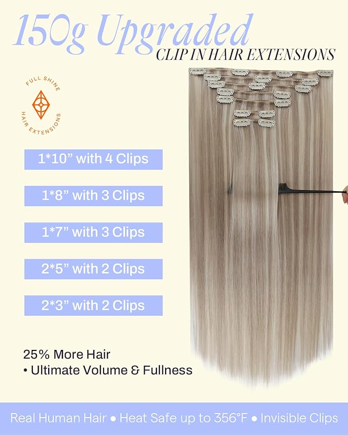 Full Shine Ash Blonde Clip in Hair Extensions Human Hair Thick Ash Blonde Highlighted Clip in Extensions for DIY 22 Inch 150 G 7 Pcs