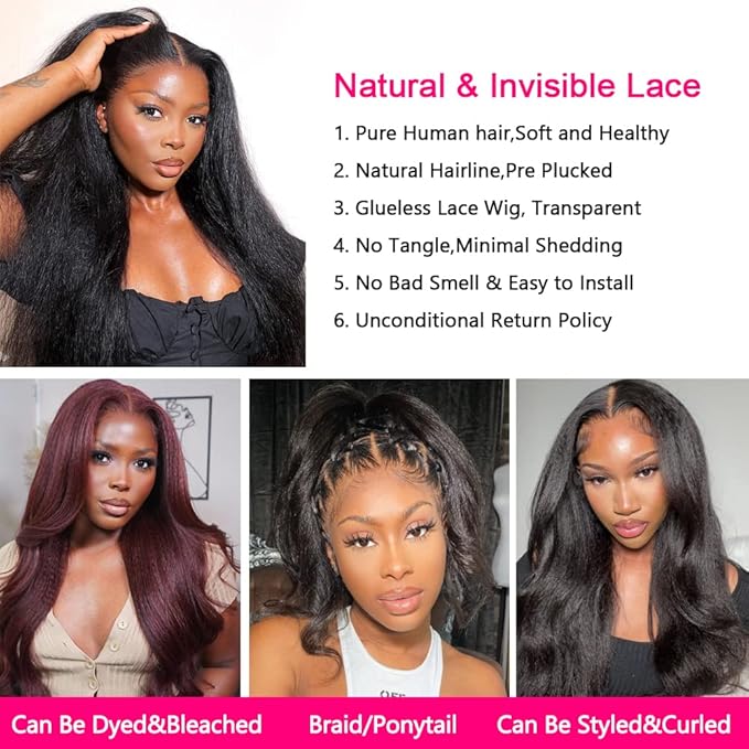GOLFMAX 32 Inch Kinky Straight Lace Front Wigs Human Hair Yaki Straight Human Hair Wigs For Black Women 13x4 Transparent HD Lace Frontal Wig Pre Plucked With Baby Hair