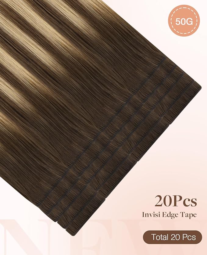 GOO GOO Invisi Edge Tape in Hair Extensions Human Hair, 4/18 Balayage Chocolate Brown Highlighted Dirty Blonde, 20pcs 18inch 50g, Virgin Remy Hair, Seamless Injected Tape, Natural Look