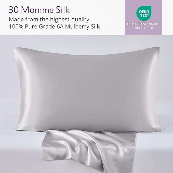 Mulberry Park 30 Momme Silk Pillowcase - Pure Silk Pillowcase for Hair and Skin, Grade 6A Charmeuse Weave Mulberry Real Silk Pillowcase for Luxury Night Sleep - 1 Pc Silver (Standard 20'' x 26'')