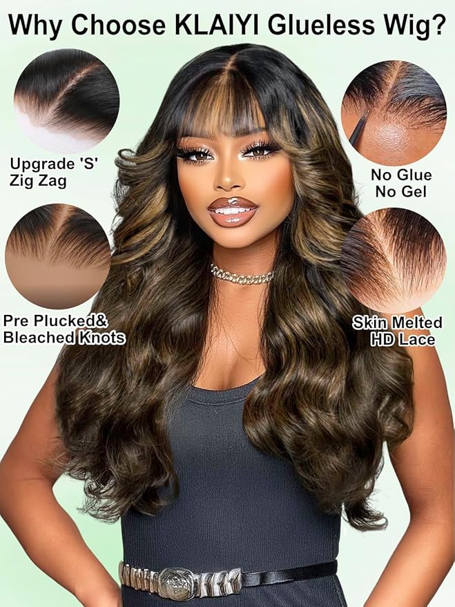 KLAIYI Ombre Brown Loose Body Wave Bye Bye Knots Glueless Precut 7x5 HD Lace Front Human Hair Bang Wig Drawstring Highlight Balayage Brown Pre Plucked Bleached 30S Ready to Wear and Go Wig 180% 16Inch