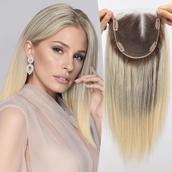 Full Hand Tied Hair Toppers for Women Remy Human Hair Lace Front Topper 14 Inch 6"×6" Partial wig Cover Thinning Hair or Loss No Bangs Top Hair Pieces (Ombre Blonde)