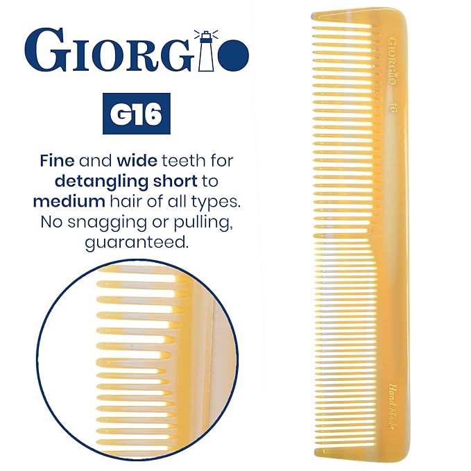 Giorgio GIVY16 Fine and Wide Tooth Handmade Detangler Comb - Hair Styling and Detangling Saw Cut Barber Comb for Men and Women